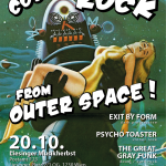Poster for the Cosmic Rock Festival in Vienna on October 20th. Featuring the bands Exit by Form, Psycho Toaster, and The Great Gray Funk, as well as a futuristic spaceship motif.